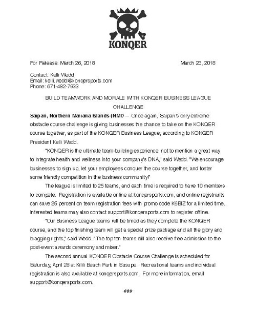 Click Here to View the Press Release KONQER Saipan K6